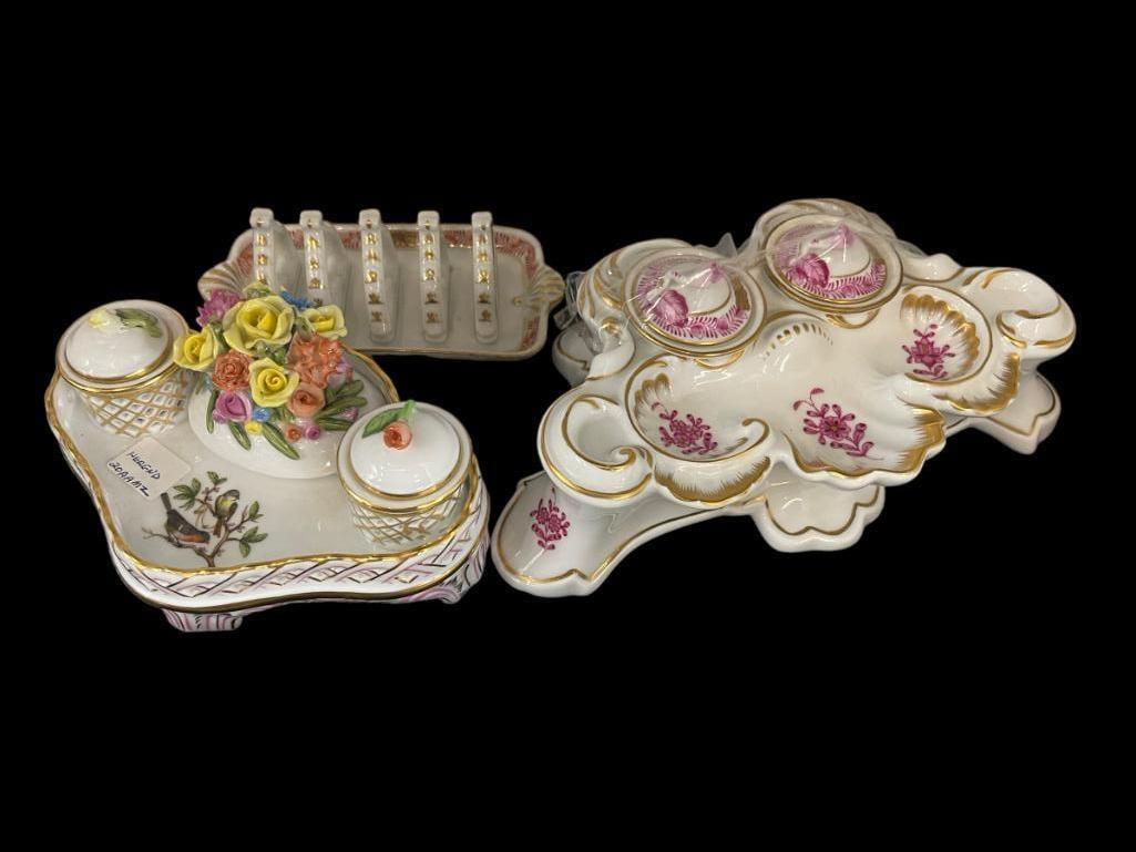 3pc Herend Hand Painted Porcelain Ink wells & Napkin Holder (1 of 7)