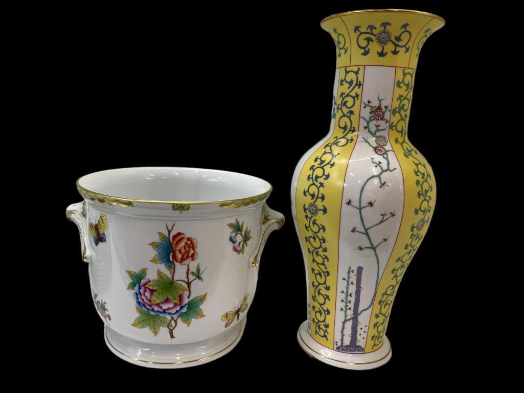 Herend Hand Painted Porcelain Jadiniere w/Flower Decoration: Herend Hand Painted Porcelain Jardiniere with flower decoration, approx. 10" x 11" x 9.75" and tall vase approx. 6.5" x 16"h