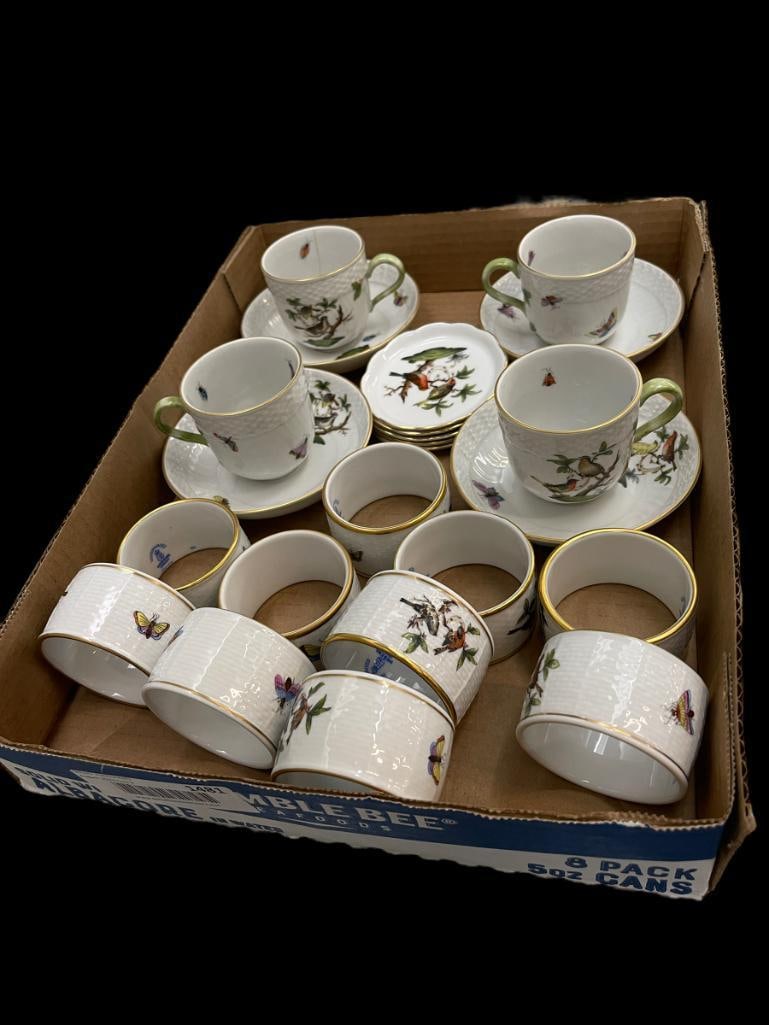 23pc Herend Hand Painted Porcelain incl. Napkin Rings, Cups & More: 23 pcs. Herend Hand Painted Porcelain incl. napkin rings, cups and saucers, etc. with bird and butterfly decoration