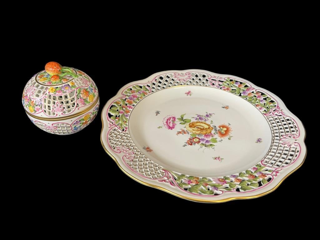 Herend Hand Painted Porcelain Charger and Covered Bowl: Herend Hand Painted Porcelain Charger and Covered Bowl w/Open Lattice Work 13" Diameter
