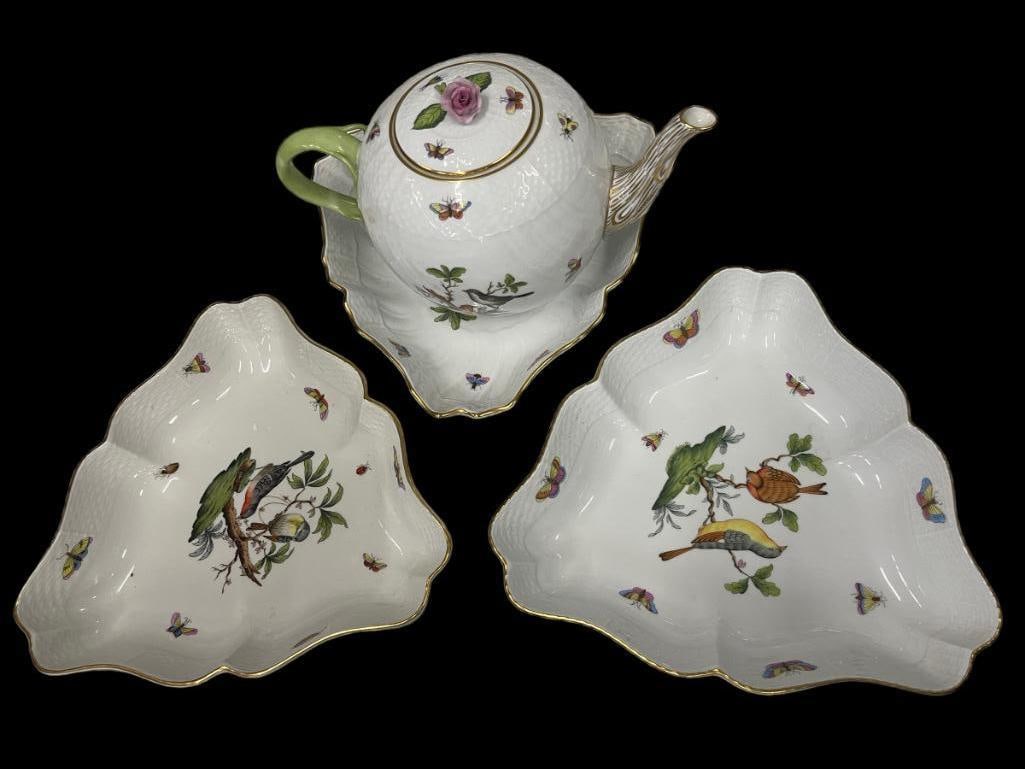 4pc Herend Hand Painted Porcelain incl. Teapot & Bowls (1 of 6)
