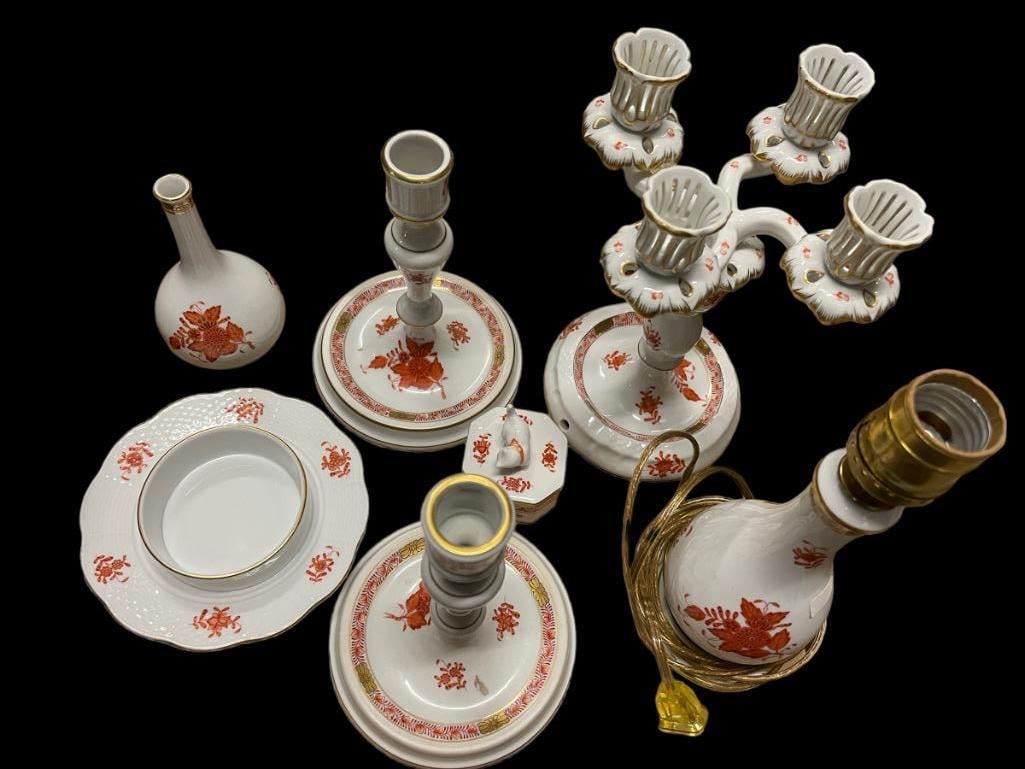 7pc Herend Hand Painted Porcelain incl. Lamp, Candlesticks & More (1 of 8)