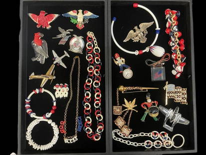 Vintage Costume Jewelry mostly Patriotic theme: Vintage Costume Jewelry, 2 Trays Patriotic, Pins, Bracelets, Rhinestone Airplane, etc. From the Carole Tannenbaum Collection