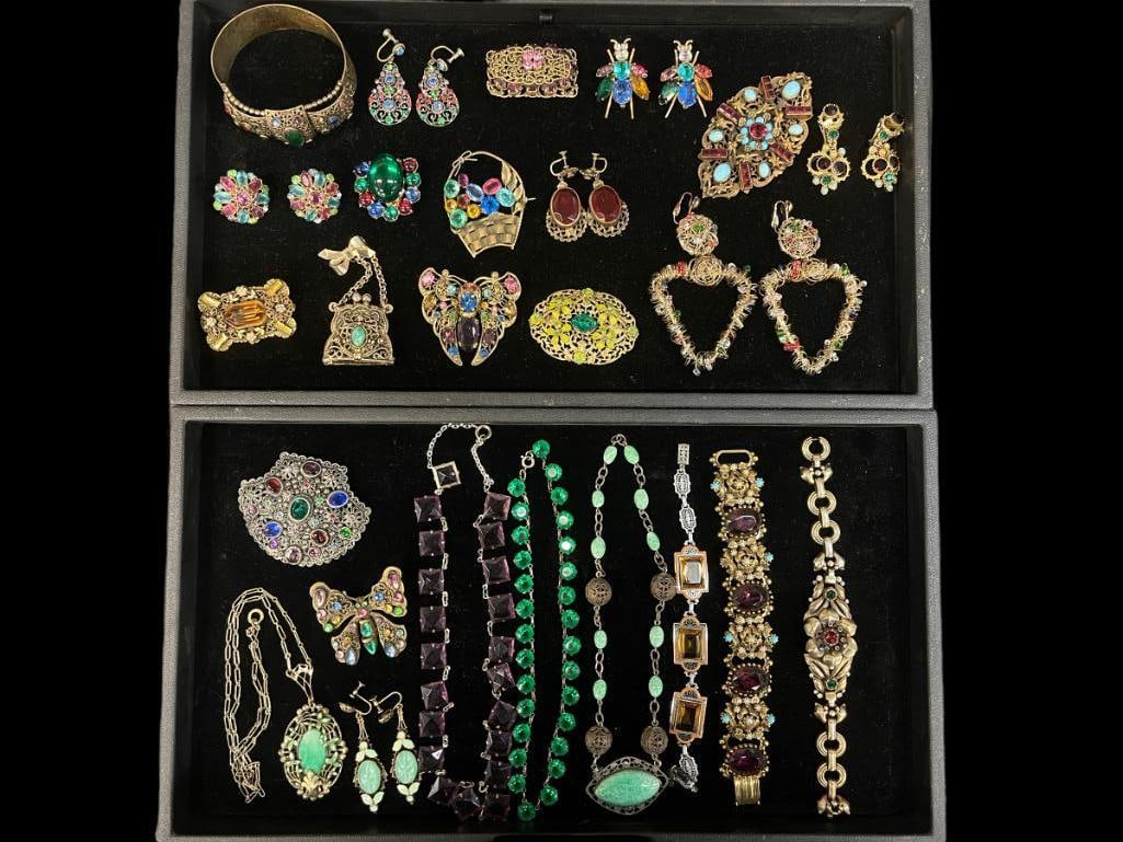 Vintage Costume Jewelry incl Pins, Bracelets, etc.: Vintage Costume Jewelry, 2 Trays incl. Pins, Bracelets, Earrings, Trifari, Handmade, etc. From the Carole Tannenbaum Collection
