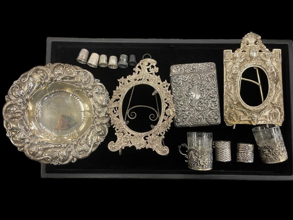 Sterling Lot: Sterling lot, bowl, cigarette case, frame, thimbles, etc. Rectangular Frame not Silver