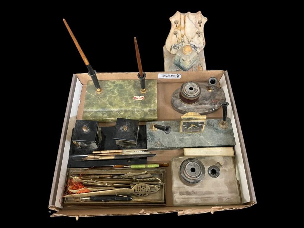 Lot of Desk Supplies incl. pen holders, inkwells, etc.: Lot Pen Holders, Inkwells, Marble Base, Letter Openers, Fountain pens, etc.
