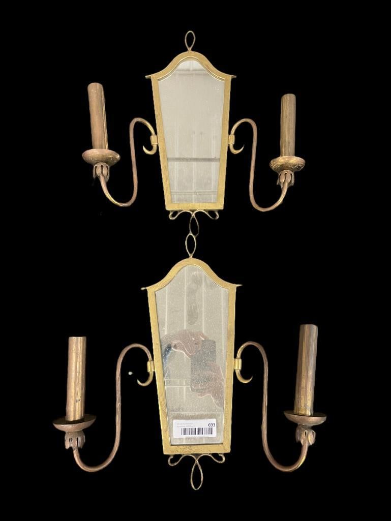 Pair of Mid Century Brass Mirrored 2 Light Wall Sconces: Pair of Mid Century Brass Mirrored 2 Light Wall Sconces, approx. 14.5"x15"h
