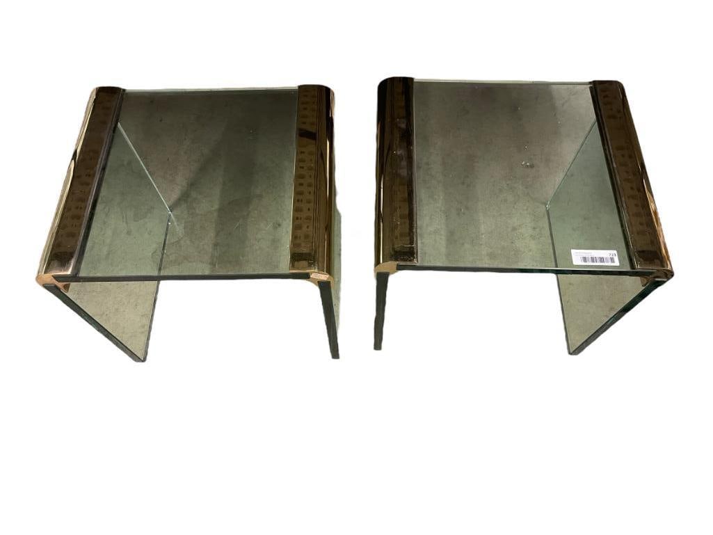 Pair of Brass & Glass Lamp Tables: Pair of Brass & Glass lamp tables, approx 17"x15"x16"h