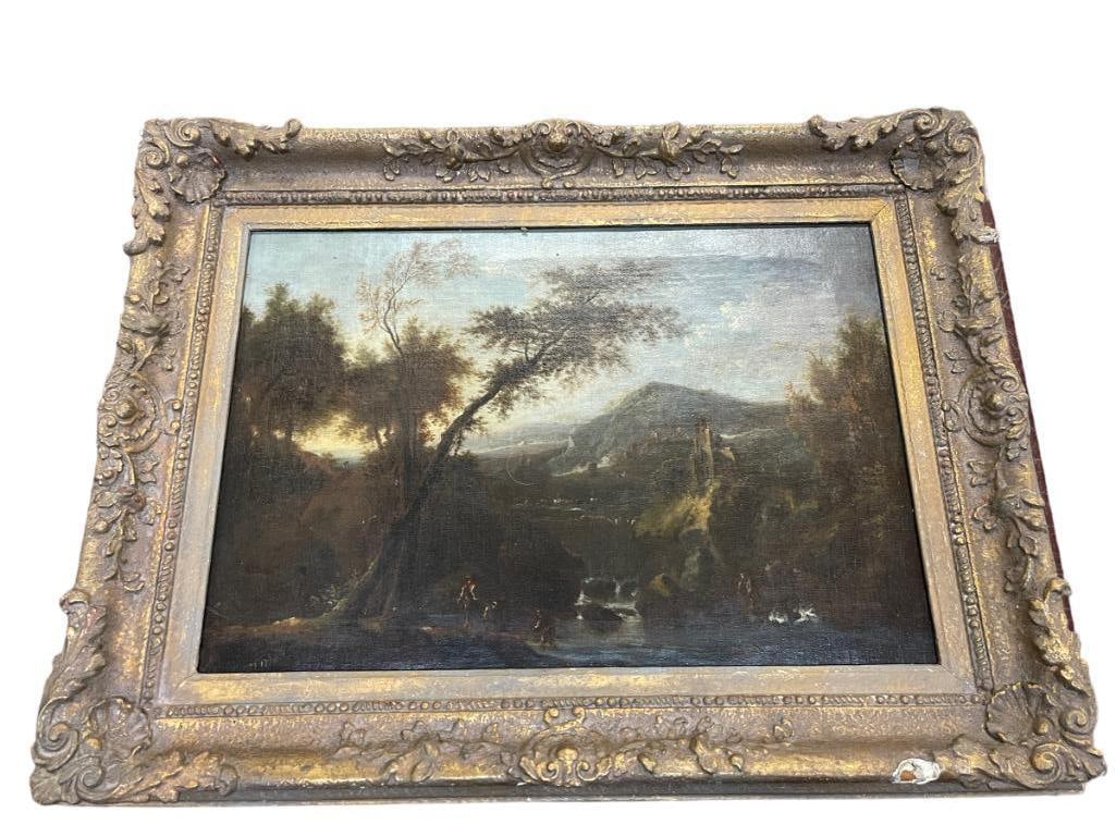 Oil on Canvas Landscape Painting of Mountains: Oil on Canvas Landscape of Mountains and people in the river; approx 27"x20.5". Painting is signed, signature illegible