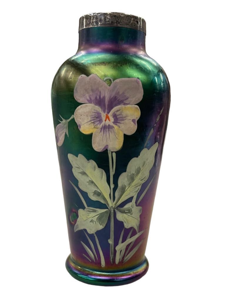 Loetz Antique Art Glass Vase: Loetz Antique Art Glass Vase, Sterling top with Pansy Decoration 2.5"x5.5"h