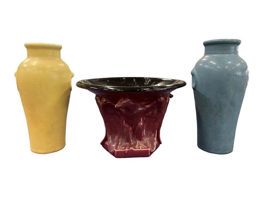 3 Pc Rookwood Pottery: 3 pcs Rookwood Pottery, incl 2 Vases 8"h & 1 Compote w/eagles holding up the dish; approx. 8"x5.5"