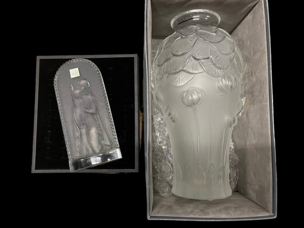 Lalique vase "Giverney" in original box: Lalique vase "Giverney" in original box; approx. 5.5"x11.25"h and Lalique Mother and Child, Crystal Sculpture with label; approx. 3.5"x7.75"h