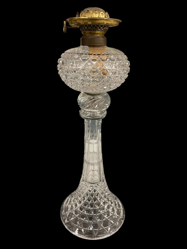 Cut glass oil lamp: Cut glass oil lamp nicely cut, 21.5"H