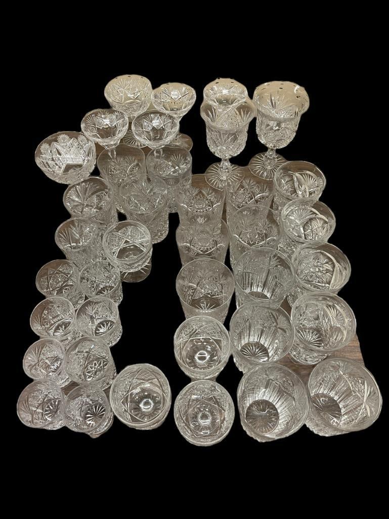 Assorted Cut Glass lot incl. glasses & more: Approx 38 cut glass glasses, sherbet, goblets, etc