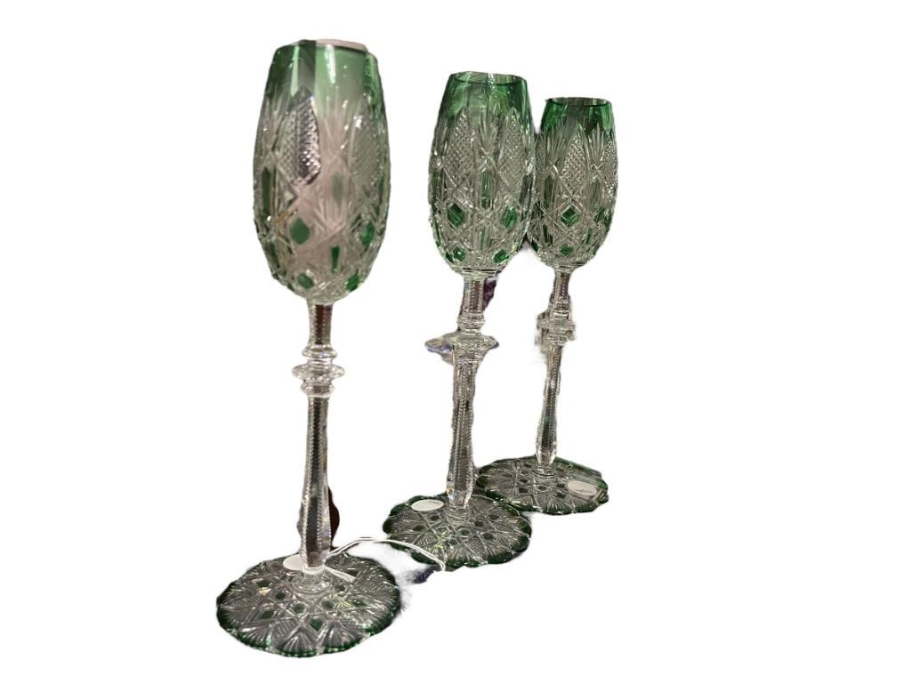 3 Fabulously Green cut to clear Baccarat glasses: 3 fabulously green cut to clear Baccarat Tsar-Czar cordial glasses, wonderfully done