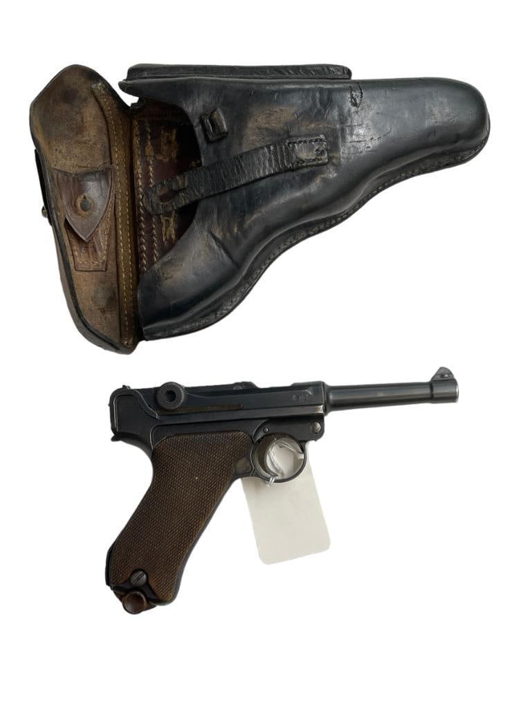 DWM 1921 PO8 Pistol: DWM 1921 PO8 pistol 9mm sn 5915 police marked w/matching numbers incl the mag also matching numbers, holster gun is in excellent condition