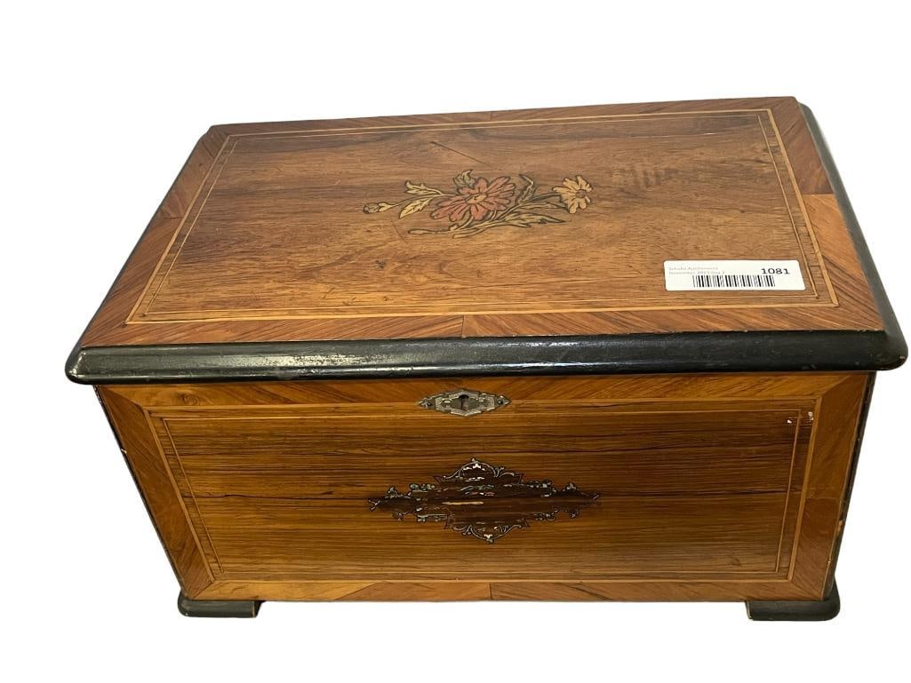 Cylinder Music Box: Cylinder music box with inlaid case, approx 8.5"x16.5"