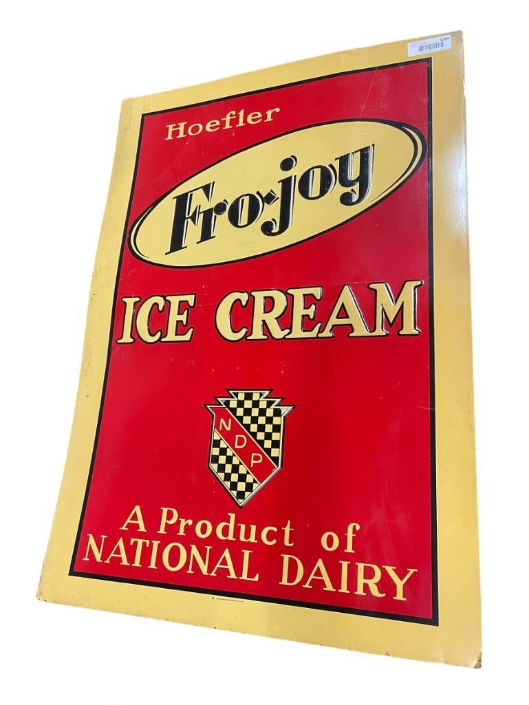 Hoefler Fro Joy Ice Cream Advertising Sign: Hoefler Fro Joy Ice Cream Advertising Sign, approx. 35"x36"h
