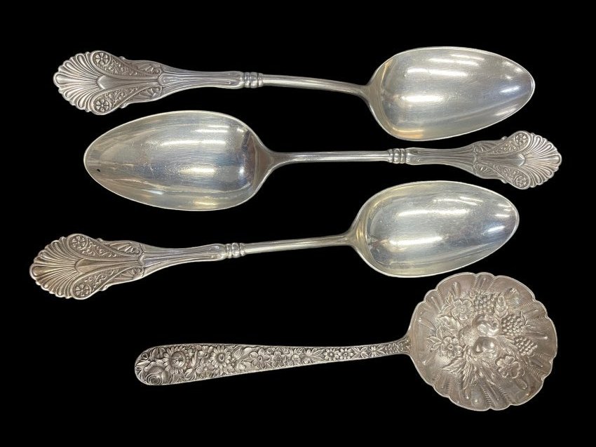 Kirk & Son Sterling Spoon & more: Sterling Kirk & Son flower decorated spoon & 3 other sterling spoons. total weight approx 7.9oz