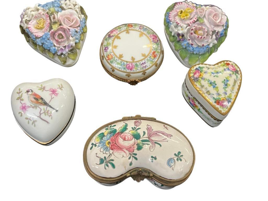 6 Miniature Porcelain Boxes incl. Limoges, etc: 6 Miniature Porcelain Boxes incl. Limoges, Minton, etc largest approx. 3"