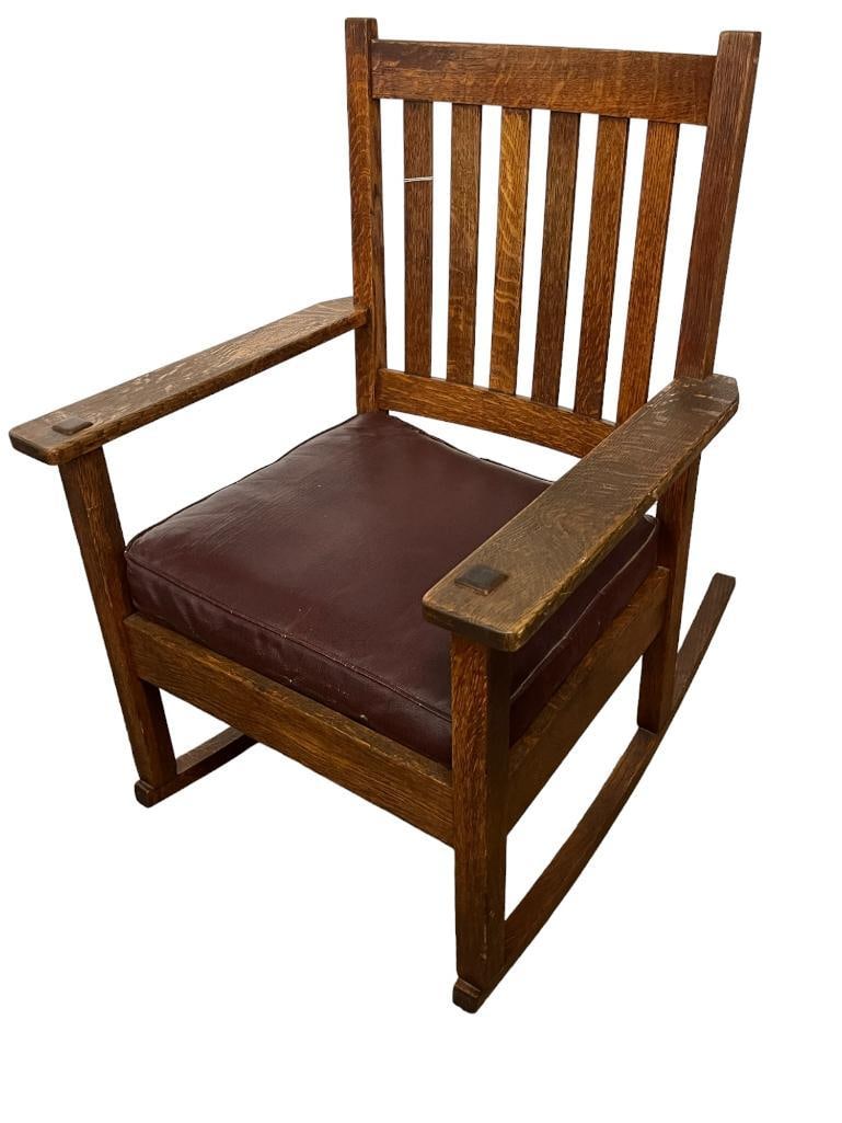 Stickley Brothers Arts & Crafts oak arm rocker: Stickley Brothers, Arts & Crafts oak arm rocker w/6 vertical slats, signed (tag underneath corner glue block)