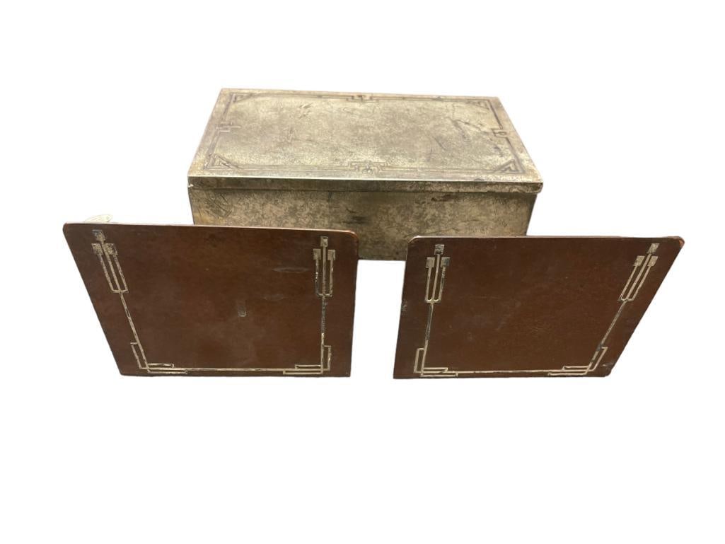 Heintz Silver on Bronze Box & Heintz Bookends: Heintz box, silver on bronze, approx 10"x6"x3", silver patina, signed. Heintz bookends, silver on bronze, mottled brown patina, signed