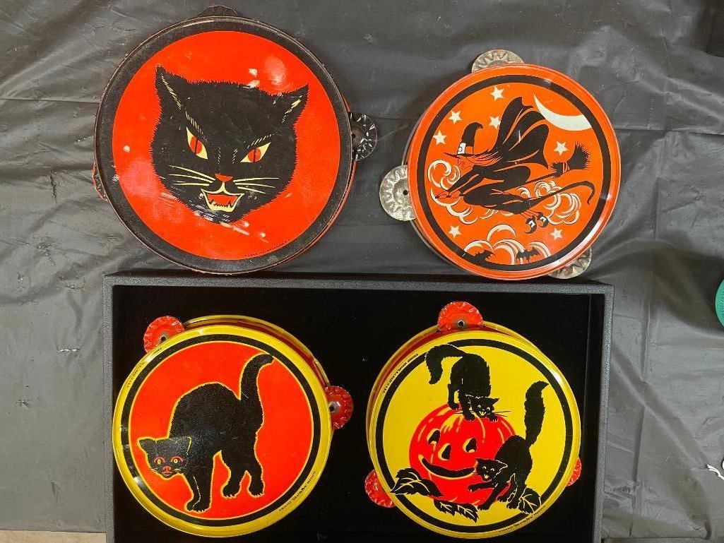 4 Vintage Halloween Tin Tambourines: 4 Vintage Halloween Tin Tambourines incl black cats, witch, "T. Conn Inc Brooklyn", approx 7"