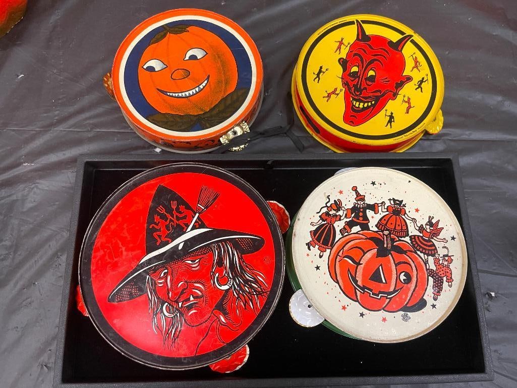 4 Vintage Halloween Tin Tambourines: 4 Vintage Halloween Tin Tambourines incl witch, devil, pumpkin, life of the party, approx 7"