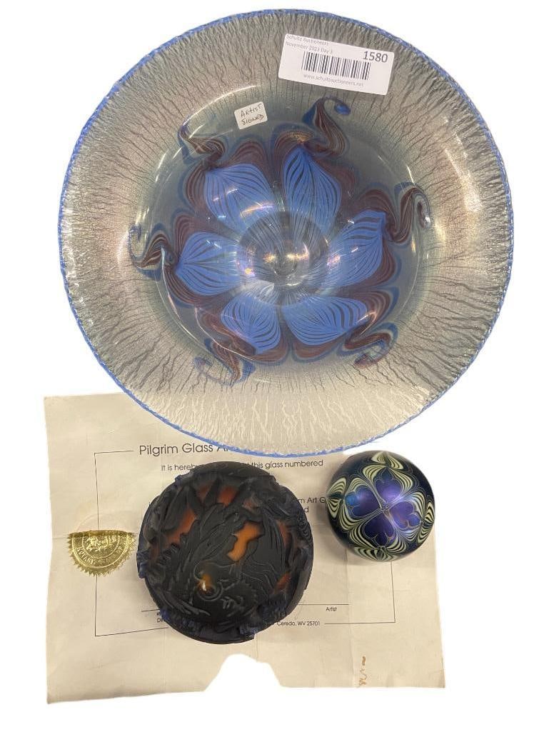 Artist Signed Art Glass Bowl and Paperweights (1 of 8)