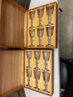 12 Etched Glass Goblets with Monogram "A": 12 Etched Glass Goblets with Monogram "A" in wooden boxes - sold by WH Burnett ltd