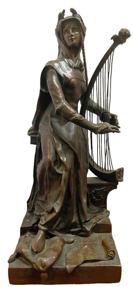 Bronze Woman with Harp: Bronze woman with harp; signed G. Flamand; from the Kenneth Dukoff Collection. Approx. 18"h
