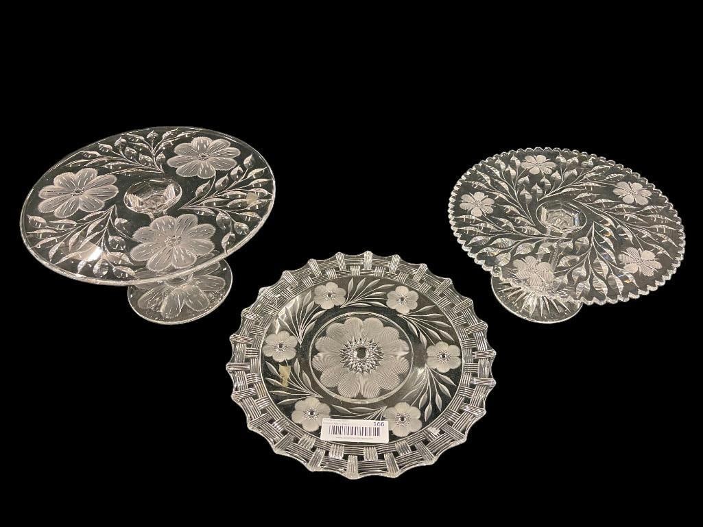 Cut Glass Serveware: 3pc Cut Glass incl plate & 2 footed cake plates