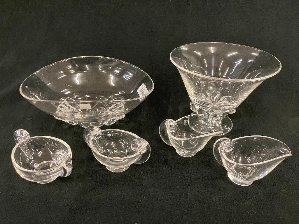 Steuben Assorted Serveware: 6pc Steuben assorted bowls & small pitchers