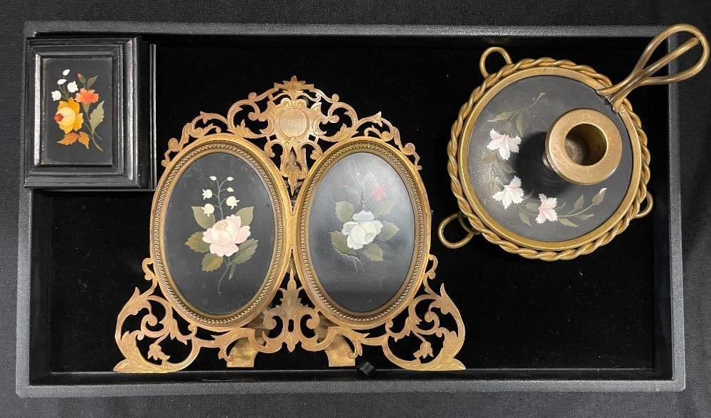 Pietra Dura Lot incl. Photo Frame & More: Pietra Dura lot incl. photo frame, candle holder and trinket box with mosaic flowers