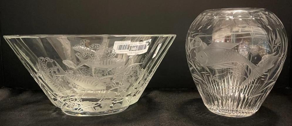 Kjellander Swedish Art Glass Vase: Kjellander Swedish Art Glass vase with fish motif; signed. Second Vase has carved fish design; unsigned