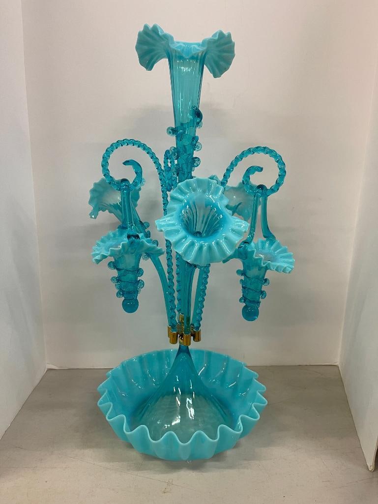 20th C. Blue Epergne: 20th C. Blue Epergne, missing one basket.
