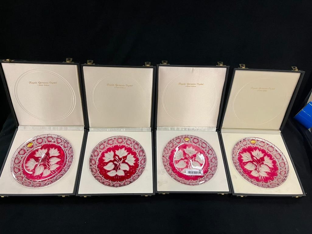 Royale Germania Crystal Plates: 4 Royale Germania Cranberry to clear Crystal Plates.