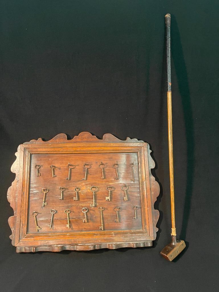 Early Hotel Key Board with Keys and R. Spaulding Wooden Golf Putter (1 of 6)