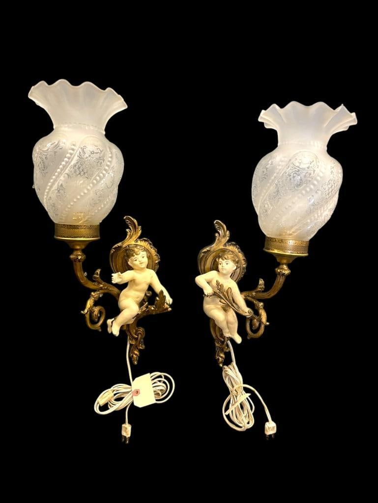 Pair of French cherub wall sconces with etch glass shades (1 of 5)