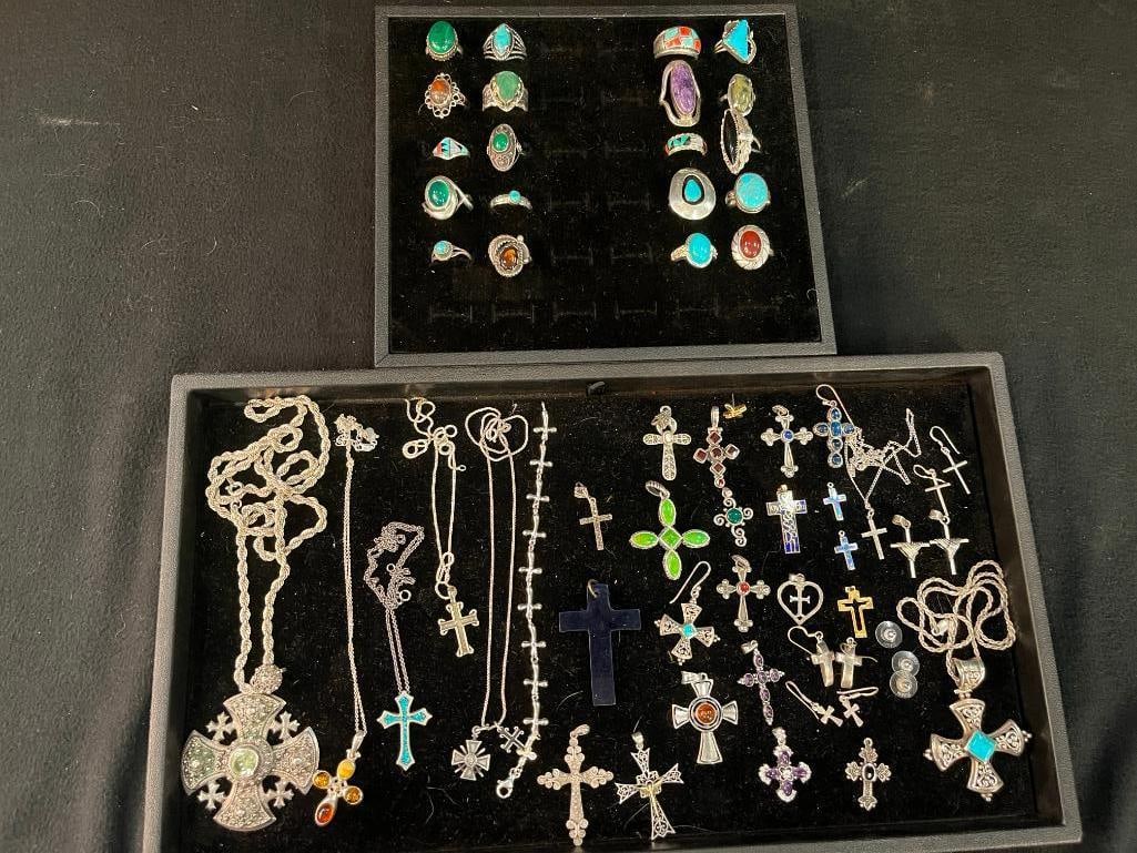Mixed lot Sterling and Other Jewelry incl. cross necklaces etc (1 of 8)