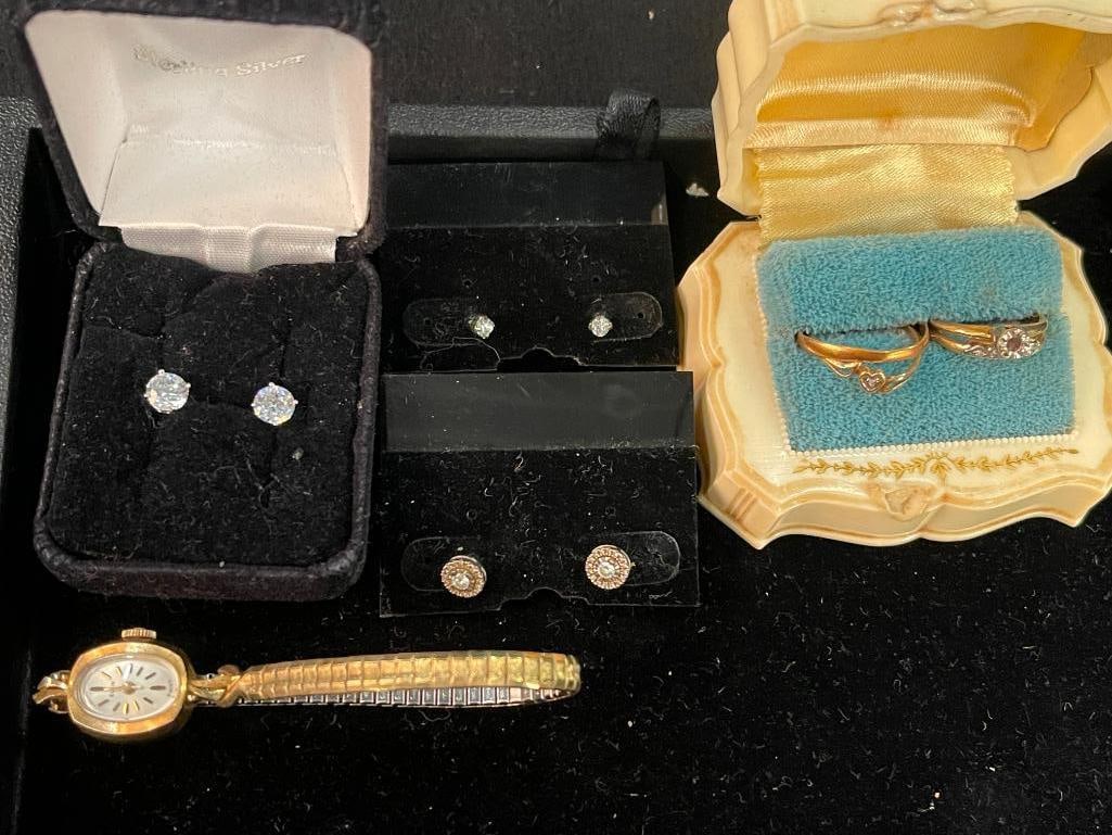 Mixed lot of Diamond earrings, Elgin watch and rings (1 of 13)