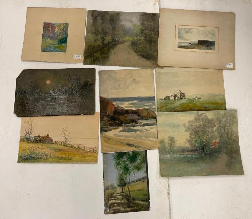 Group of pastel, watercolors and oil on board paintings. Some signed George Brodhead: Group of pastel, watercolors and oil on board paintings. Some signed George Brodhead. 9 pieces.