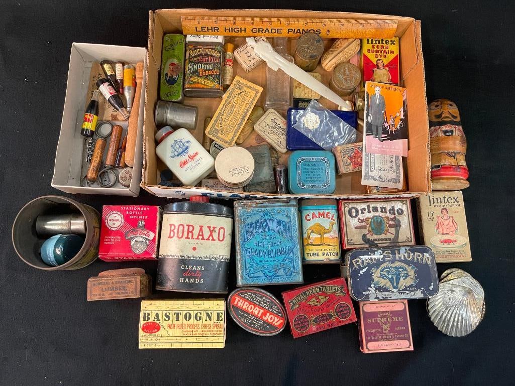 MIxed lot of advertising tins, tobacco, Camel, bottles and more: MIxed lot of advertising tins, tobacco, Camel, bottles and more. Approx. 50+ pieces.