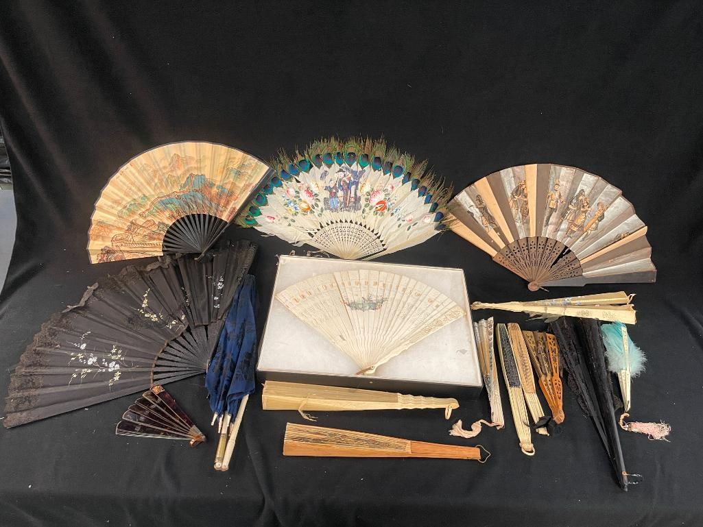 Group of vintage hand fans and umbrella (1 of 11)