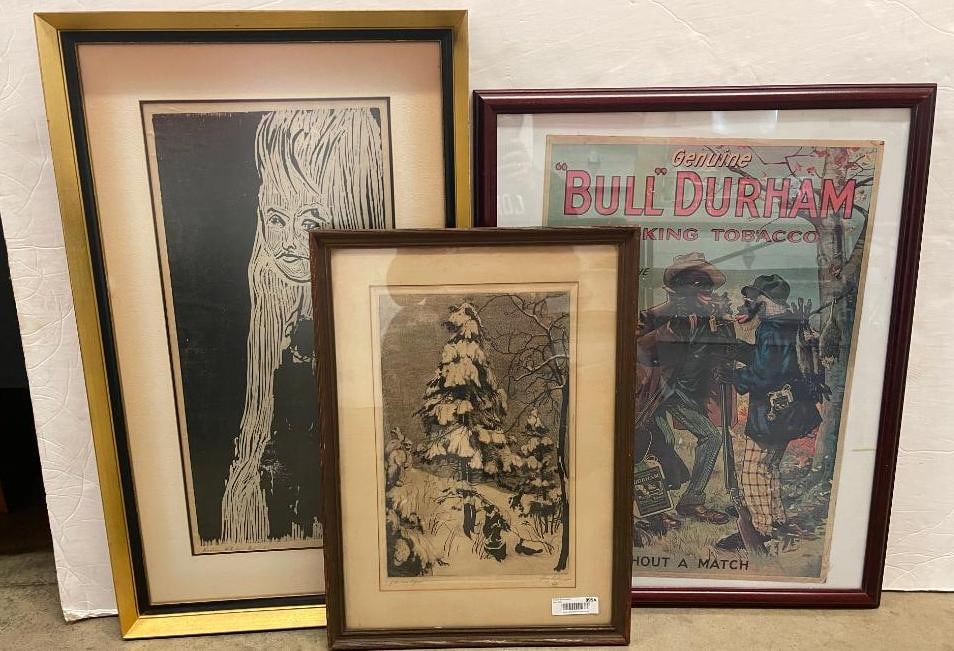 Bull Durham tobacco advertising poster and two art prints (1 of 6)