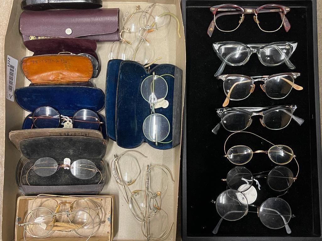 Mixed lot of eyeglasses and cases: Mixed lot of eyeglasses and cases. Some gold fill. Approx. 23 pieces. 5x2x1 in. Provenance: Deaccession from Clarence Historical Society