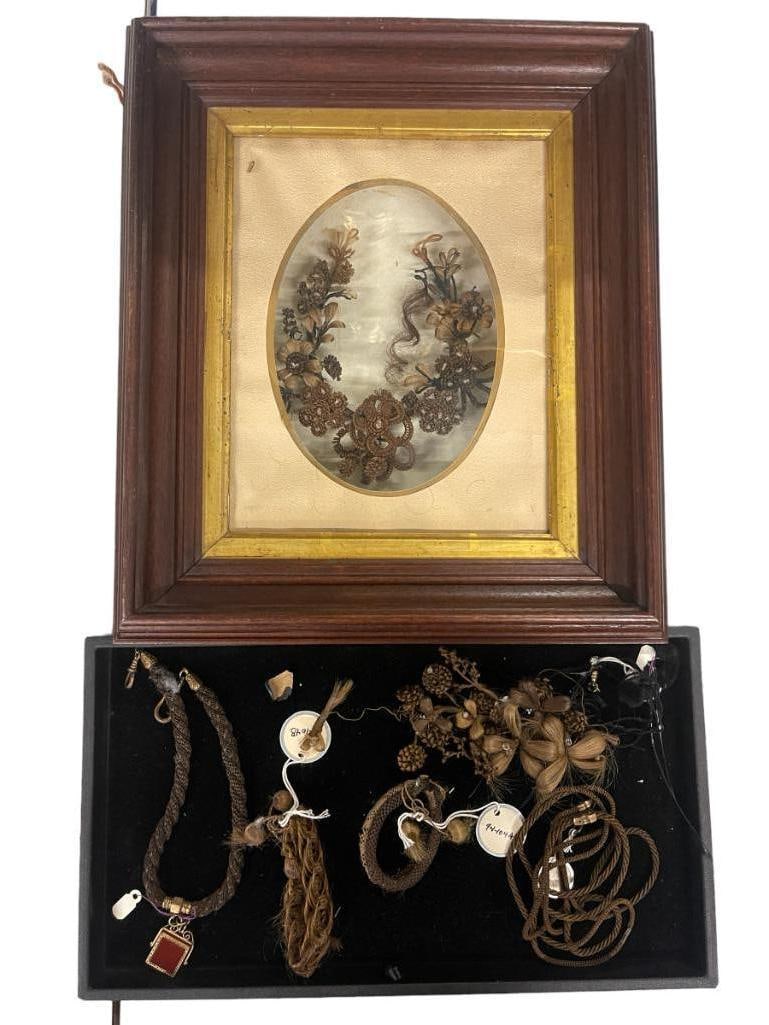 Mixed lot of framed hair wreath, woven hair and more.: Mixed lot of framed hair wreath, woven hair and more. 6 pieces. frame 15x13x4 in. Provenance: Deaccession from Clarence Historical Society