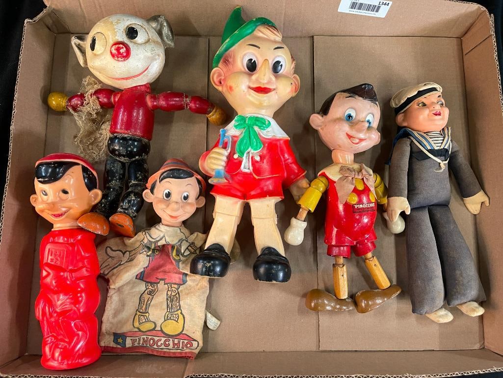 Mixed lot of dolls and figures, including Pinocchio - some marked Ideal Doll, etc: Mixed lot of dolls and figures, including Pinocchio - some marked Ideal Doll, Pete the Pup and more. 6 pieces. 14x6x5 in.