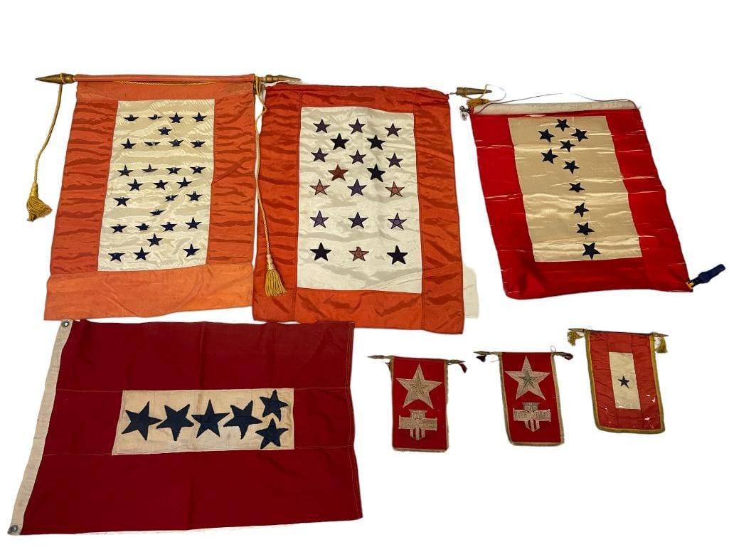 Lot of 6 Son in Service flags: 6 Son in Service flags. 19 star Approx. 26"x34". 6 star Approx. 21"x33". (2) single star Approx. 7"x10". Single star with fringe 7"x11". 30 star Approx. 24"x30" - some stars missing. 10 star Approx. 2