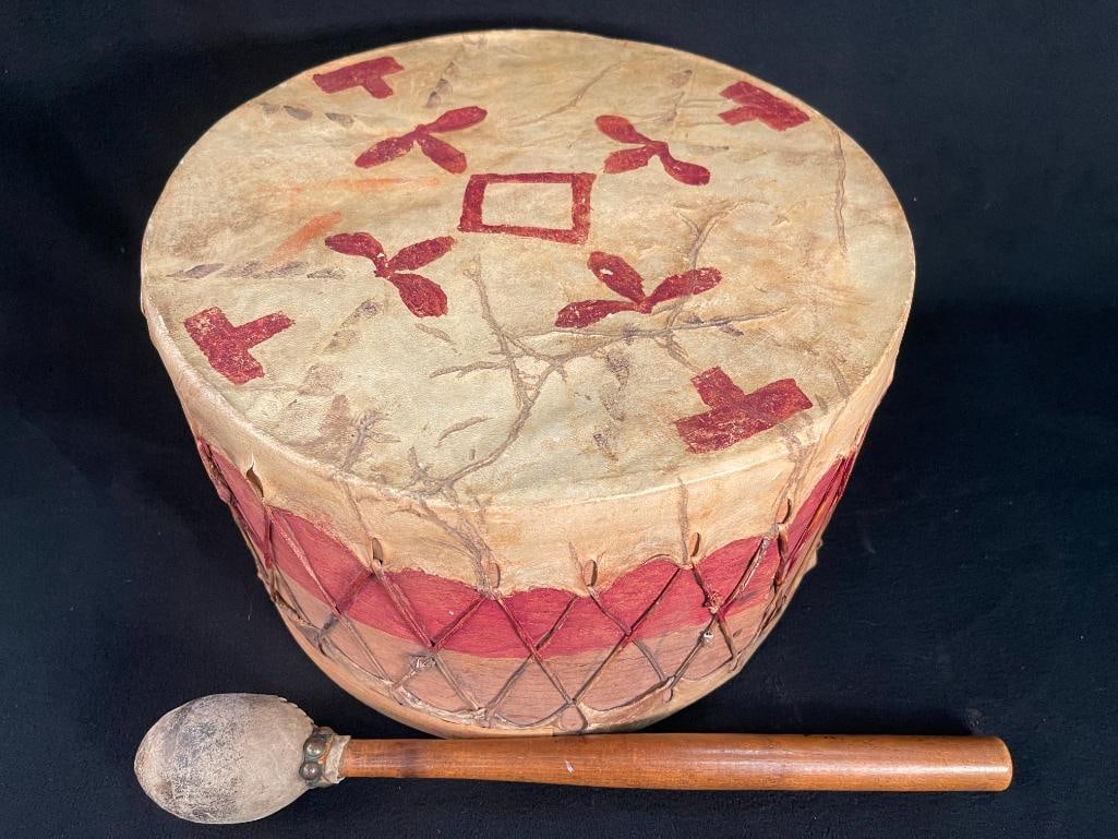 Late 1800's drum from the Clarence NY Historical Society.: Late 1800's drum from the Clarence NY Historical Society. Attached note states "This drum was collected in 1880. They are genuine Navaho and probably 100 years old etc." 2 pieces. 15x15x9 in. Provenan
